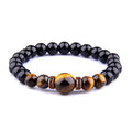 Men's natural stone bracelet with tiger eye beads, 8mm round, elastic, invisible clasp, brown stone with silver metal finish