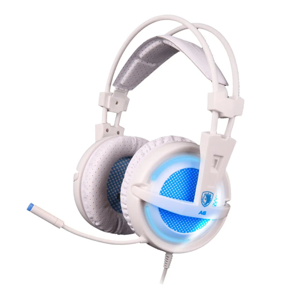Black USB gaming headset with LED lights showing 7.1 surround sound and padded ear cushions