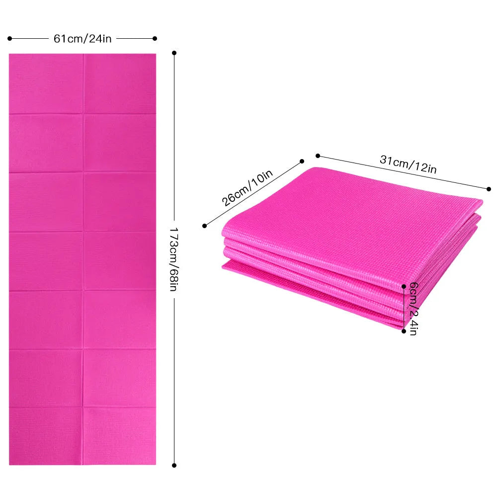 Non slip folding yoga mat in blue, 173x61x0.4cm PVC, with handles and zippered cover