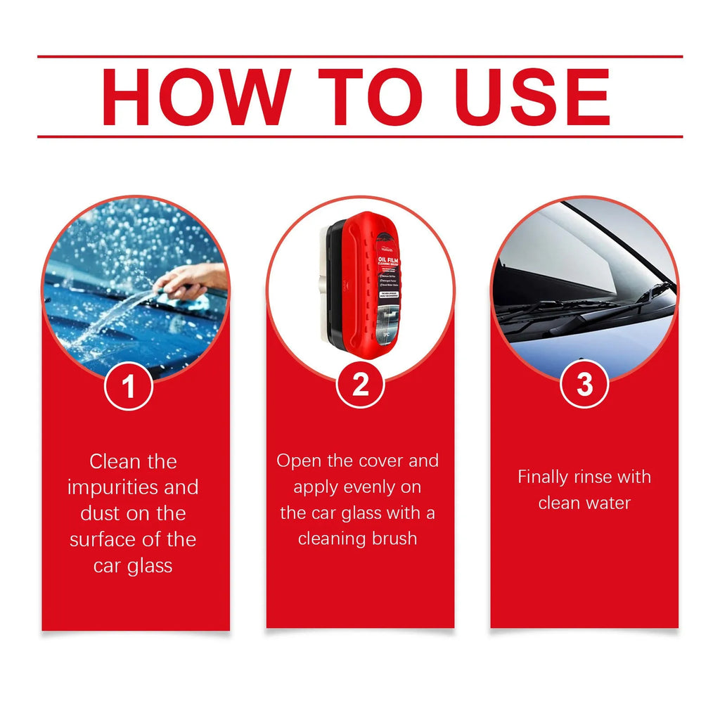 Car glass oil film cleaner with integrated liquid brush and reusable foam sprayer on a windshield