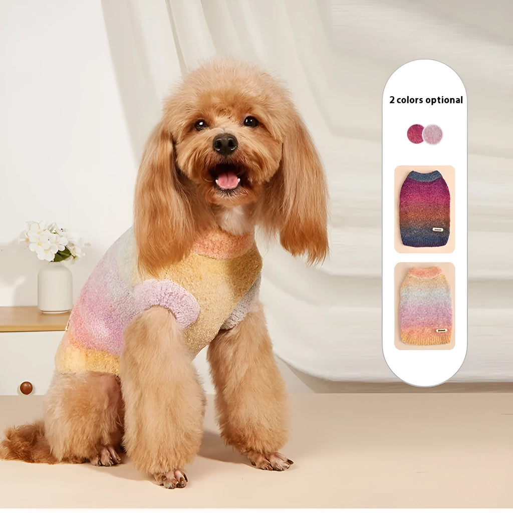 Soft glutinous rainbow circle dopamine pet sweater in Style 1 colour, wool acrylic blend, size M, laid flat on a surface