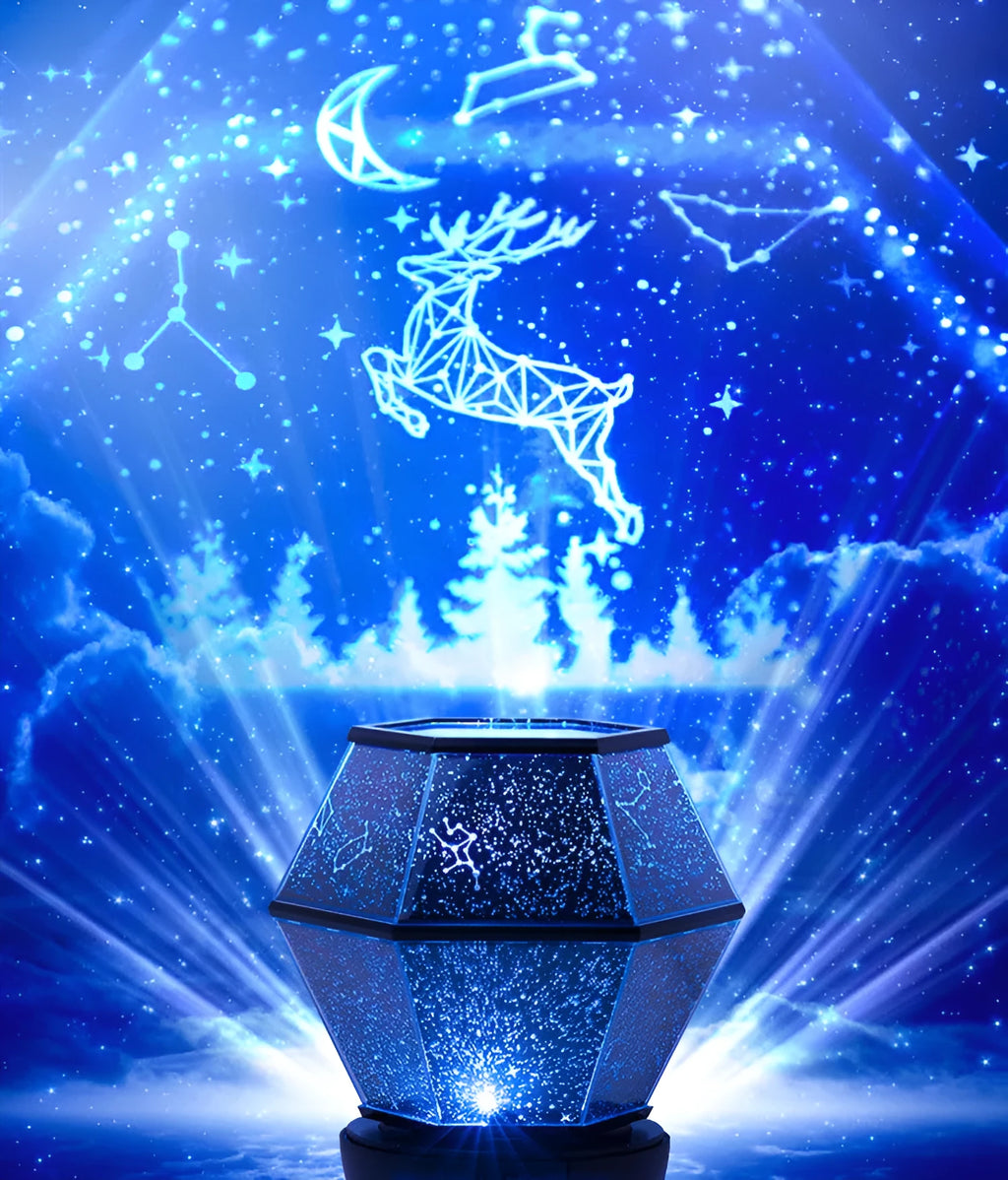 Children's rotating star LED night light projecting coloured stars onto a wall, powered by a USB cable.