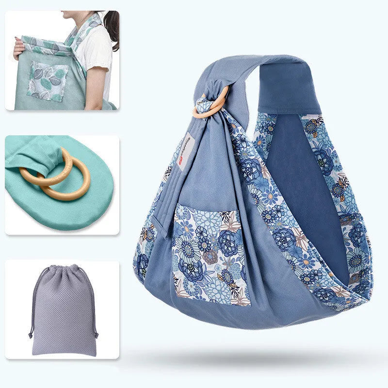 Baby wrap carrier sling in blue-green cotton mesh fabric, adjustable for newborn to 36 months, 50kg capacity