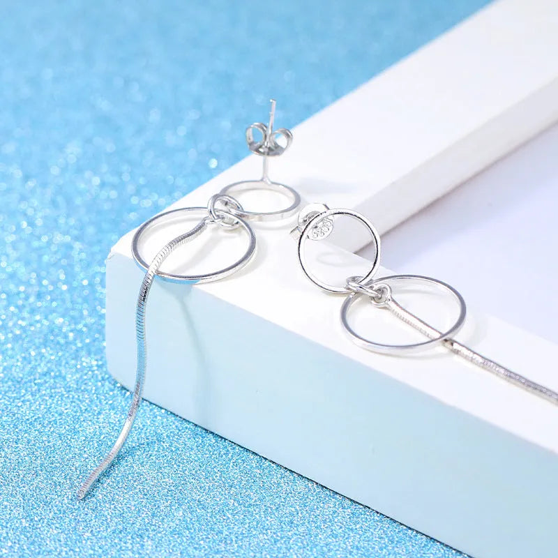 S925 sterling silver pearl tassel long earrings double ring design women