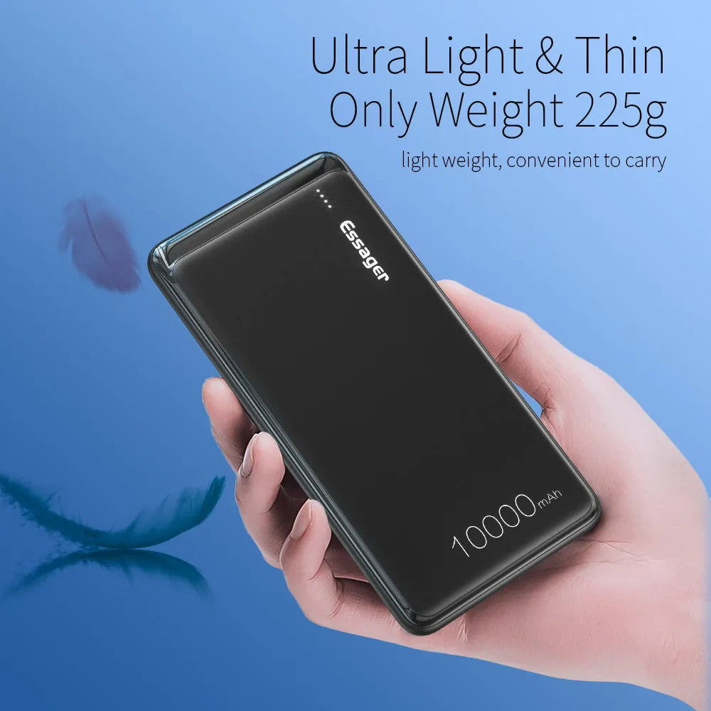 Essager Small Jane black and white 10000mAh portable power bank showing dual USB ports and LED indicator lights