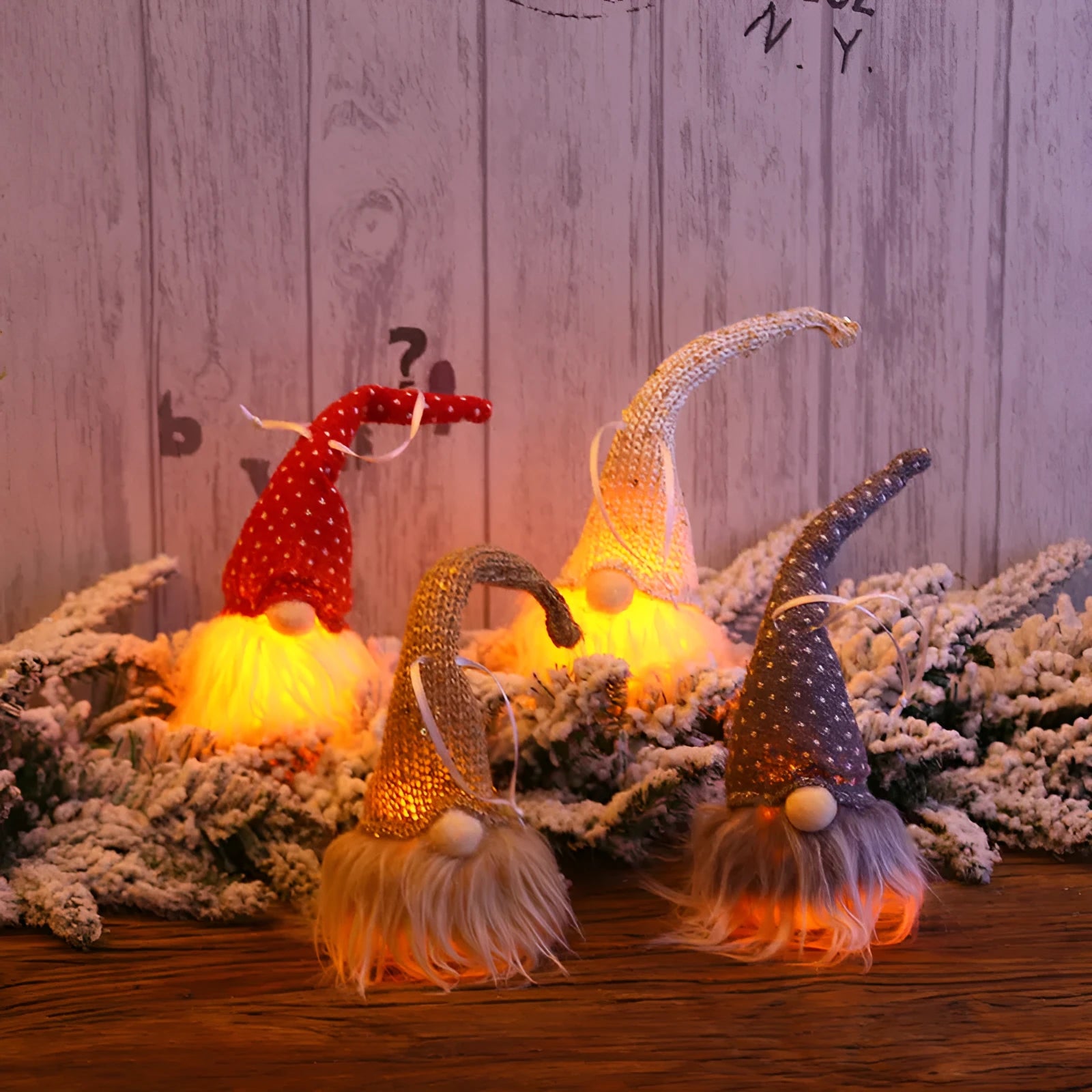Handmade Swedish gnome LED Christmas tree ornament with warm light, yarn plush body 8x20cm beige colour