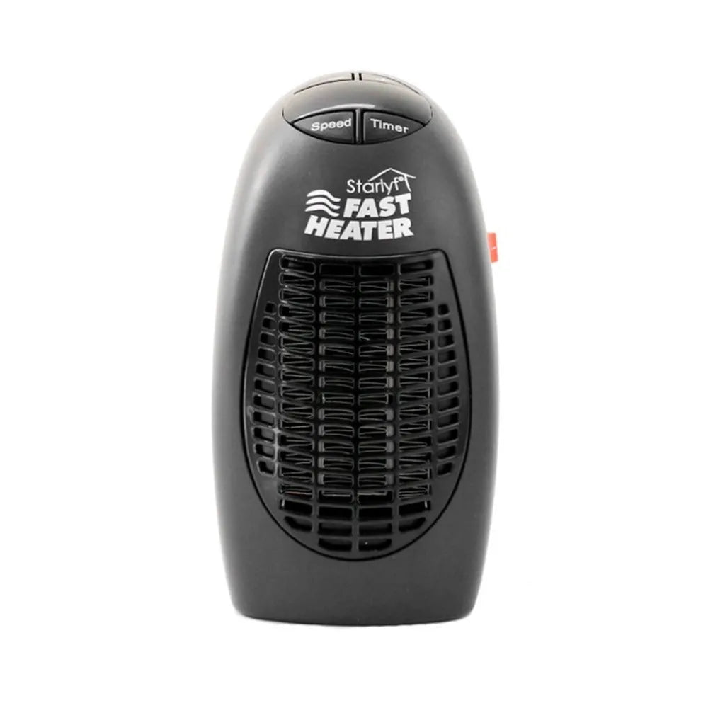Black mini ceramic electric heater with digital display and a rotating plug on a white background.