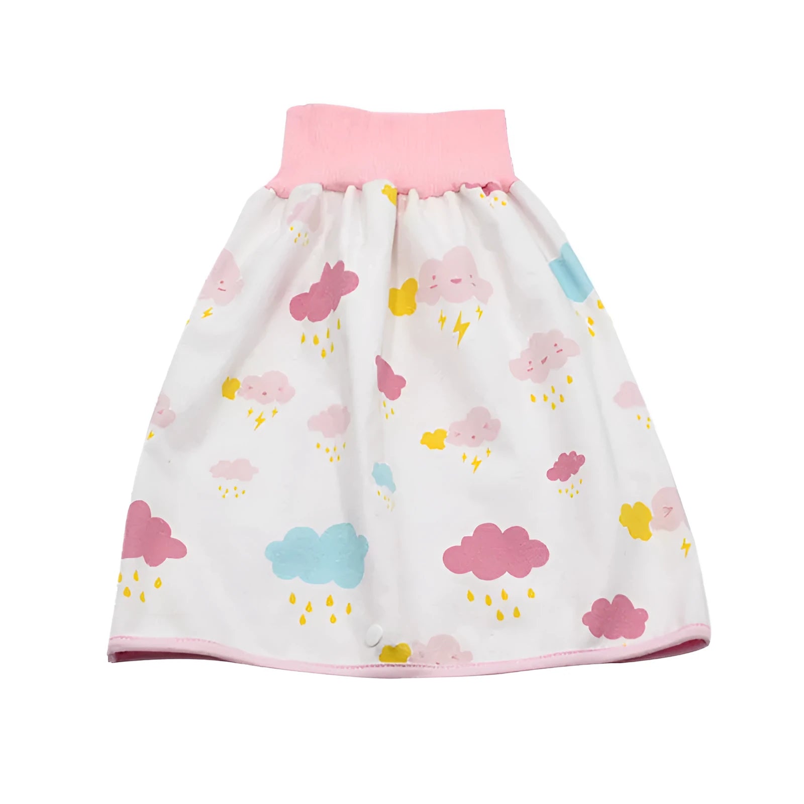 Baby girl wearing a multi-colour waterproof cotton diaper skirt with elastic waistband for belly protection