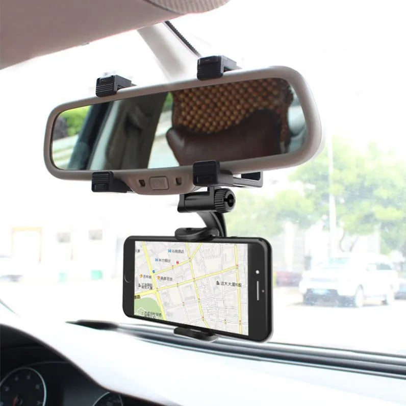 Black universal car rearview mirror phone holder with buckle mount for driving navigation