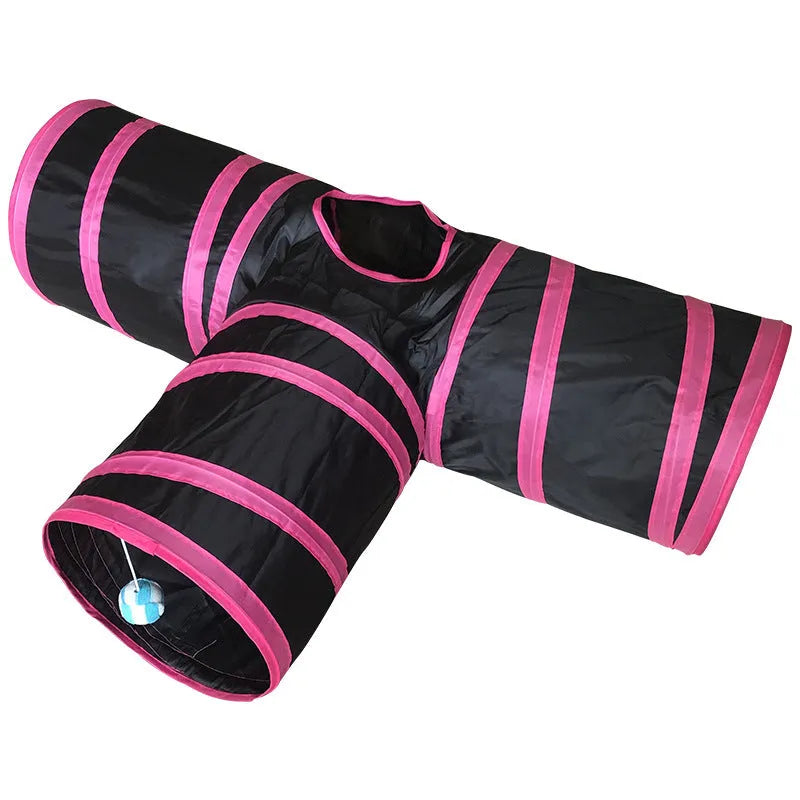 Foldable blue pet tunnel with steel wire frame and multiple openings for small animals