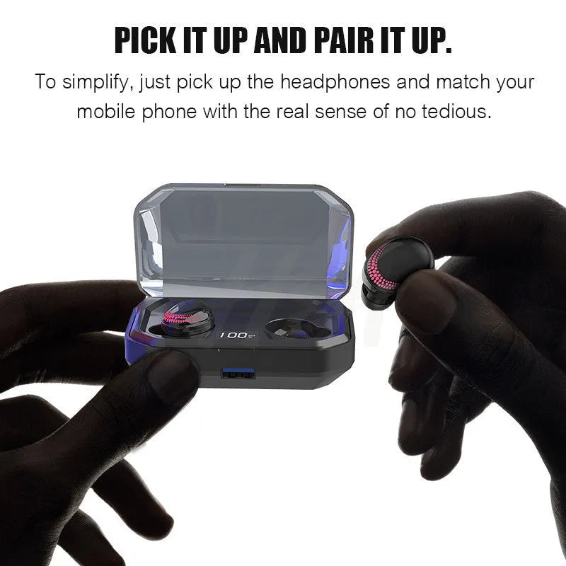 Black X10 Bluetooth wireless headset and its matching charging case on a solid background.