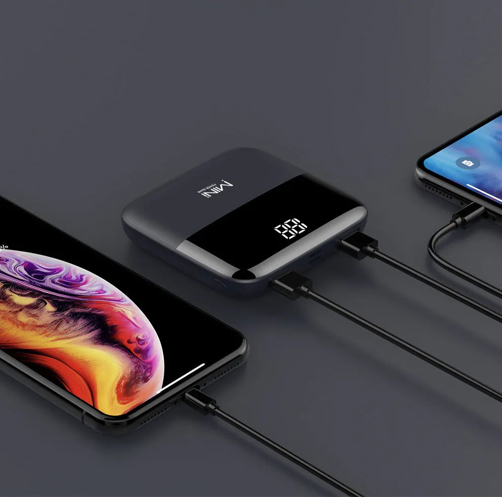 Android portable power bank with digital display showing battery level