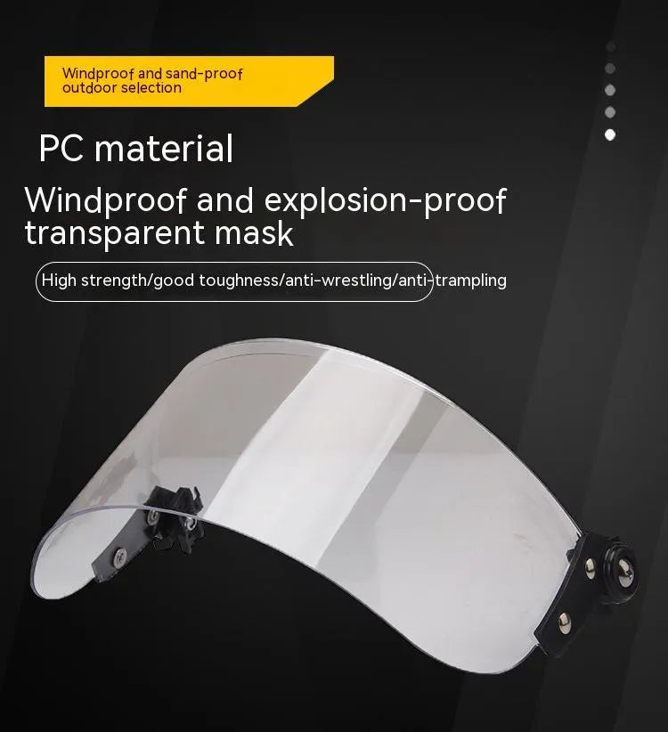 Transparent polycarbonate helmet mask with windproof lens and guide rail system for sports face protection