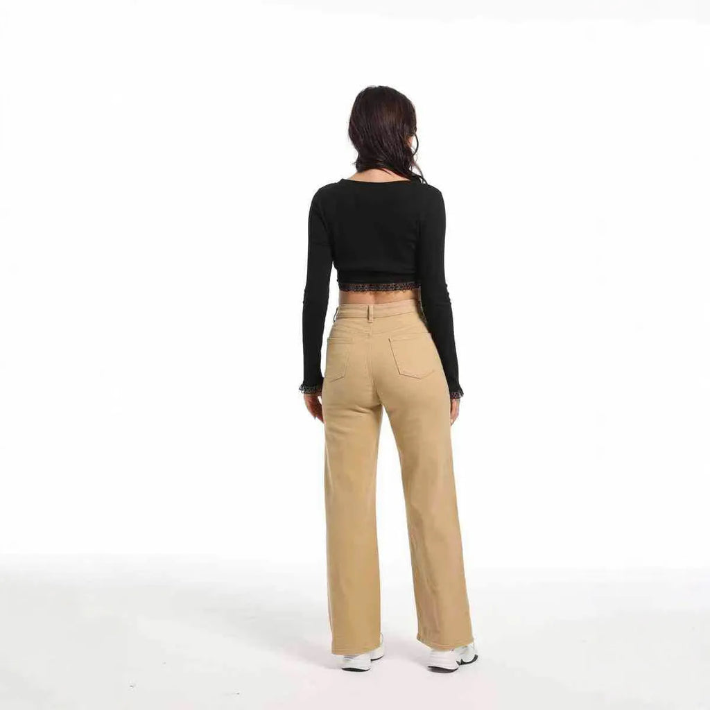 Women's high waist wide leg straight jeans in apricot colour with elastic cotton fabric