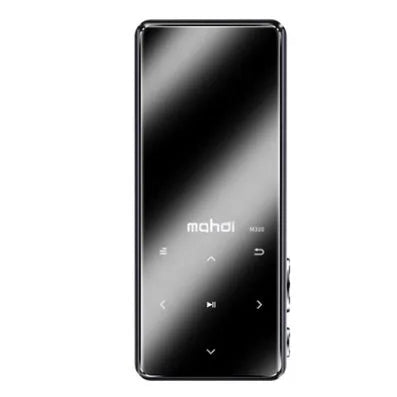 Silver mini portable MP3 player with a 2.4-inch colour touch screen showing a music interface.
