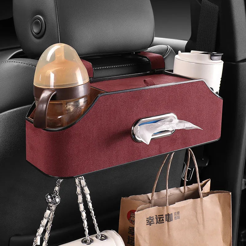 Genuine leather car tissue box and cup holder organiser in beige colour