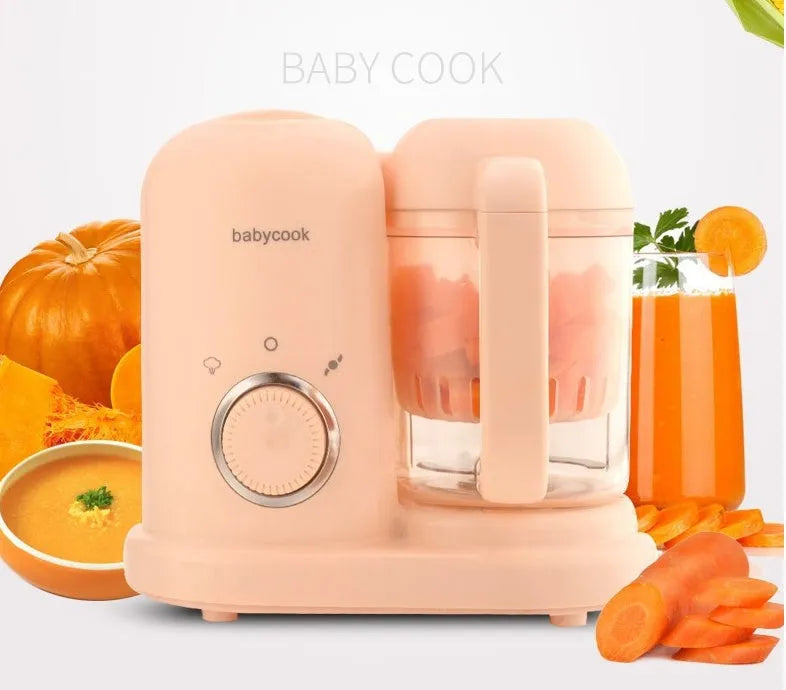 Green baby food processor with steamer and blender functions, double mixing blades