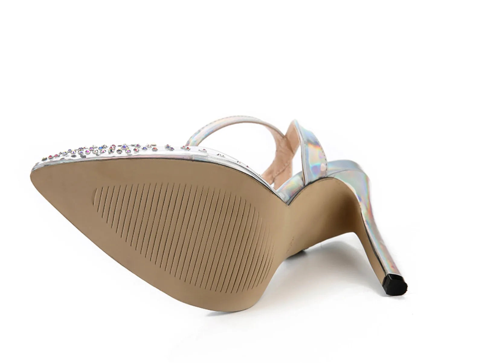 Women's pointed toe diamond sandals with a stiletto heel and PVC upper, shown in available sizes.