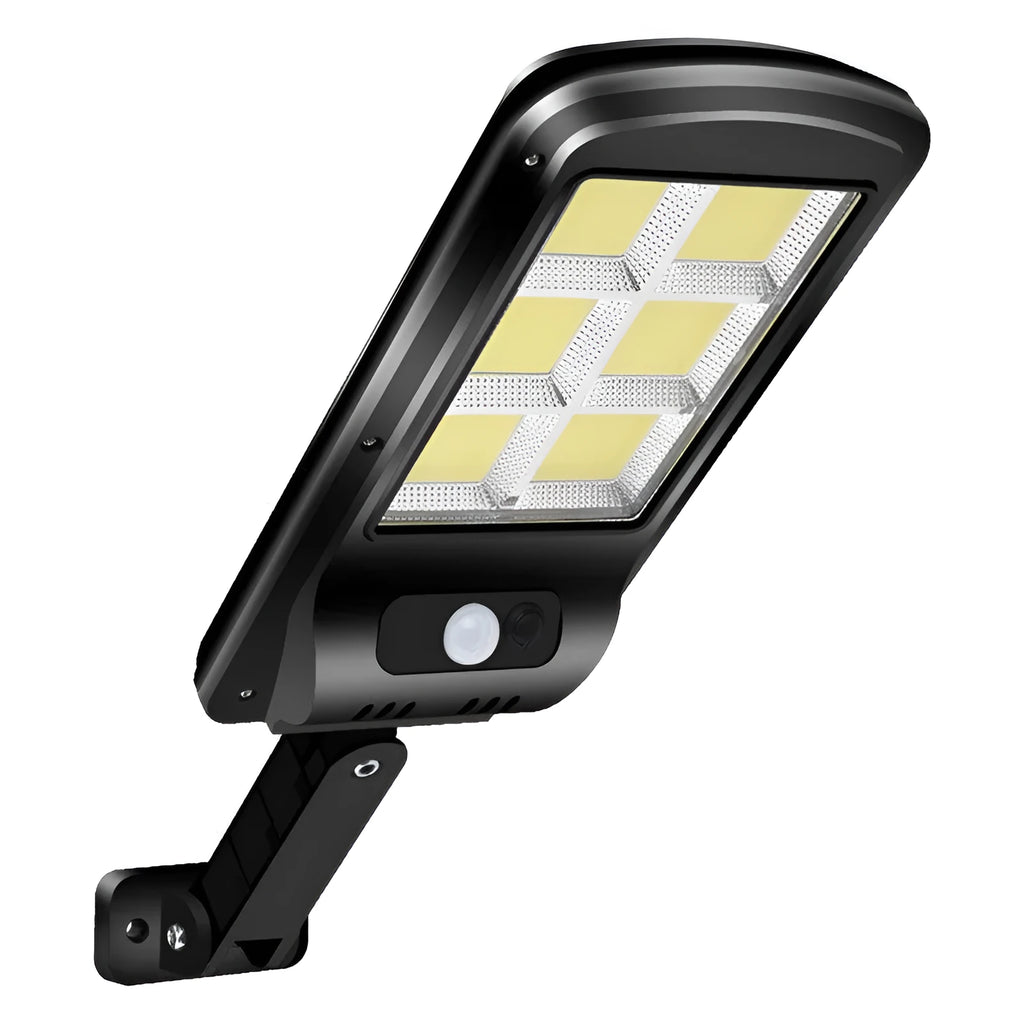 Black solar powered outdoor motion sensor light with solar panel for garden fence or driveway illumination