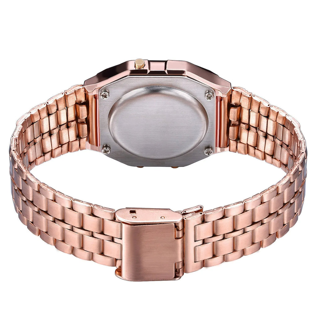 WR F91W steel band electronic watch with square dial and number display on stainless steel strap