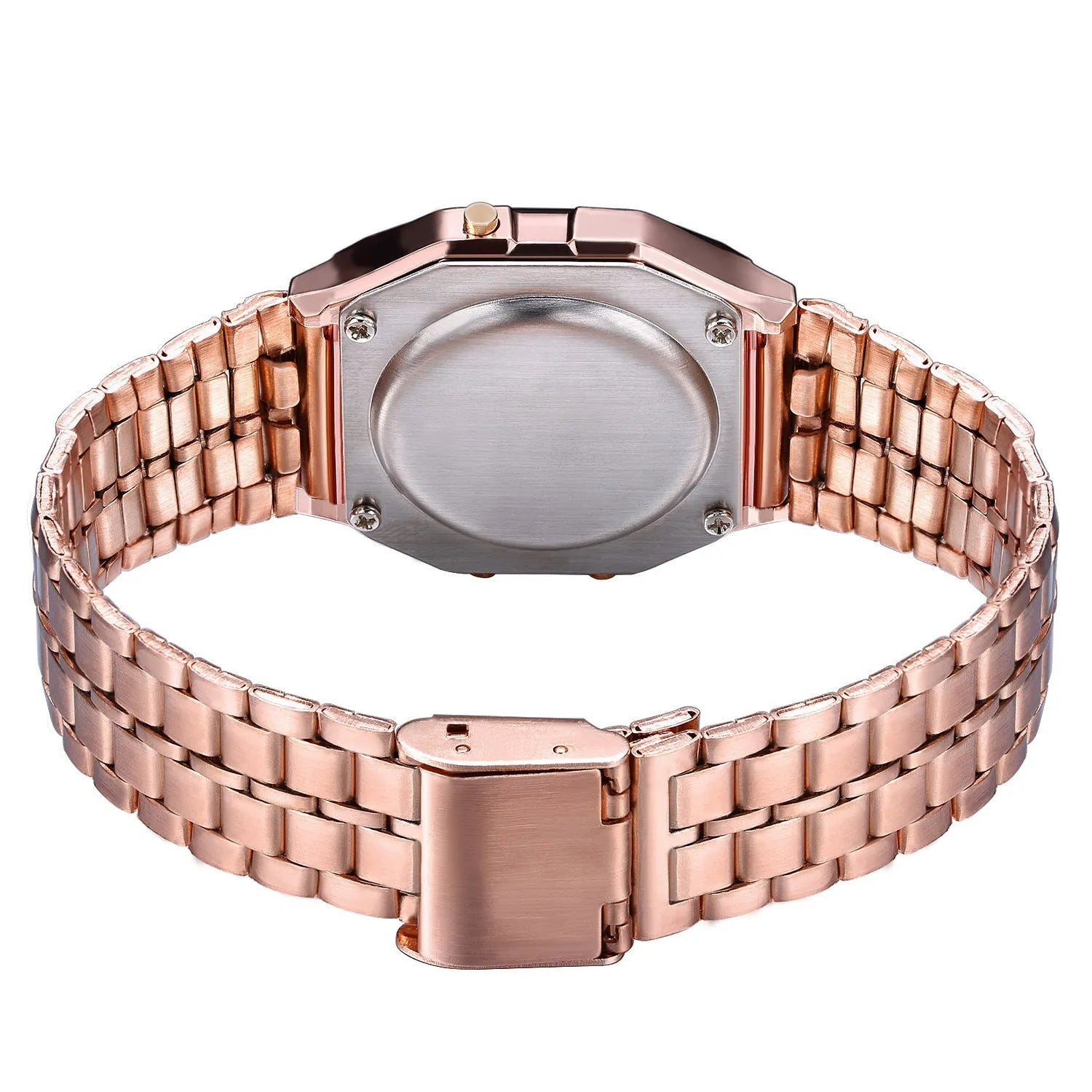 WR F91W steel band electronic watch with square dial and number display on stainless steel strap