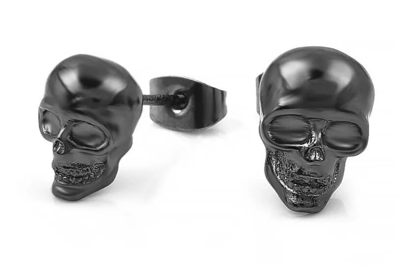 Small skull stud earrings white copper push-back fastening black silver colour unisex punk style