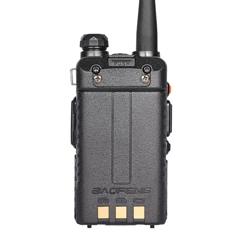 Black professional walkie talkie with antenna, showing compact dimensions and channel display.