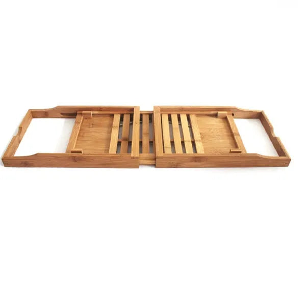 A bamboo bathtub frame with a single shelf for bathroom countertop storage.