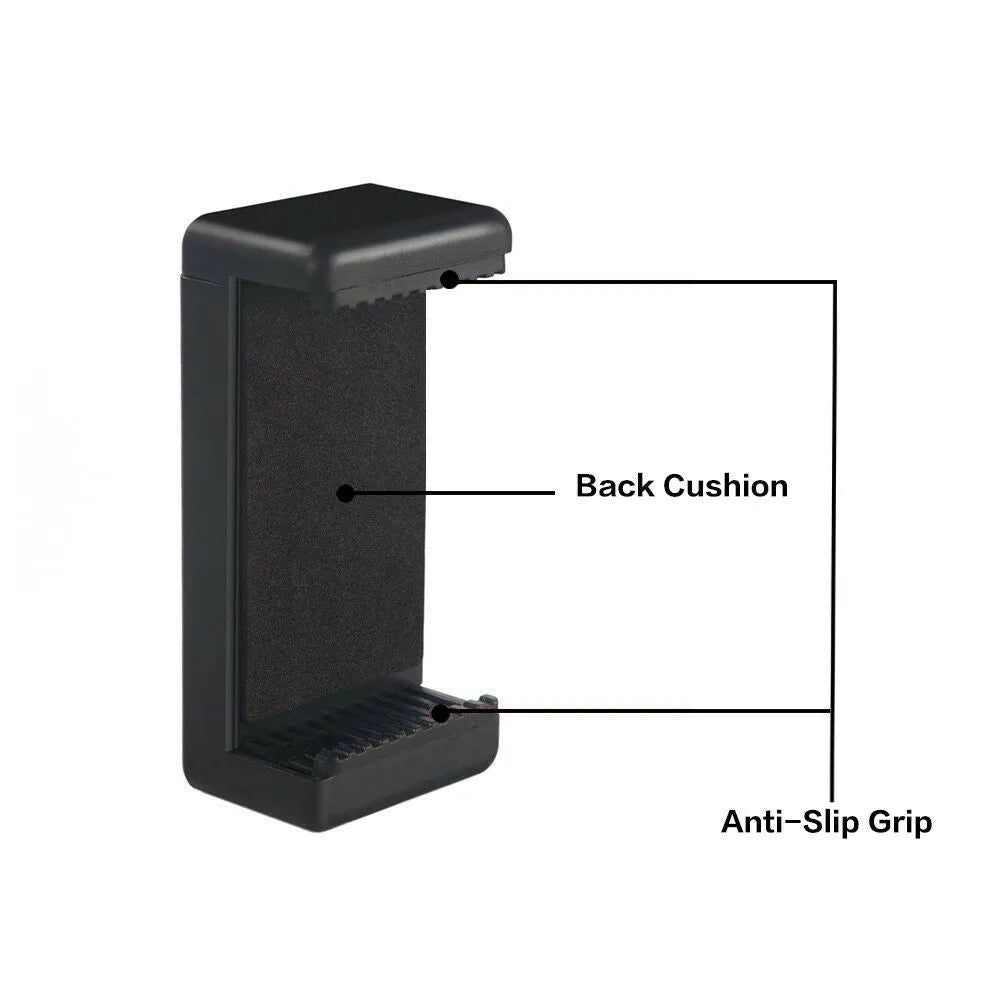 Black plastic rotating clamp phone holder showing adjustable mechanism and 10x4x3.5mm dimensions
