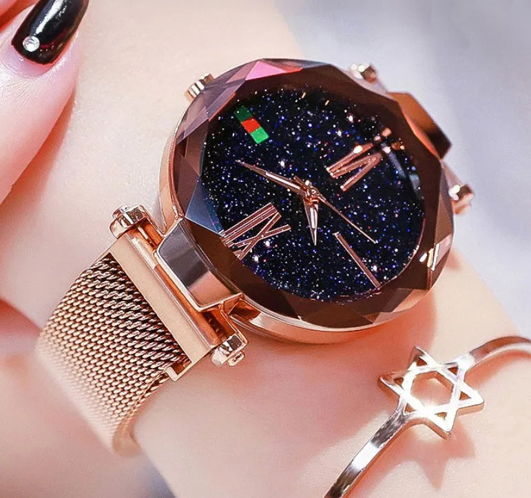 Starry Sky women's watch with magnetic mesh strap, 34mm alloy case, glass surface, diamond dial, available in multiple colours