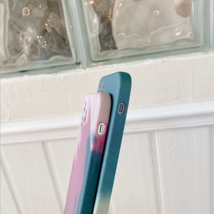 Soft silicone iPhone case with oil painting gradient geometry abstract design in blue colour