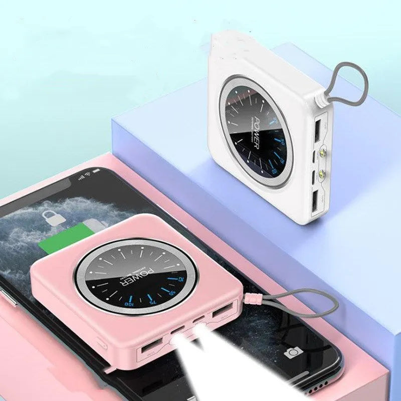 Compact mini clock charger power bank in mint green showing multi-USB ports and alloy case.