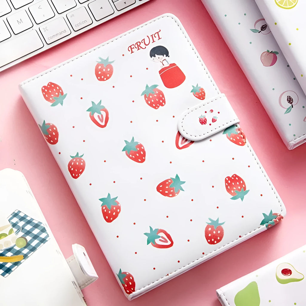 Fruit print notebook planner with magnetic buckle, imitation leather cover, and colourful kawaii illustration of fruit
