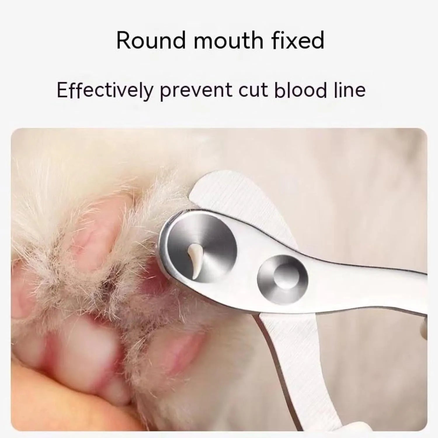 Blue pet nail clippers with a circular cutting hole and non-slip handle for trimming cat nails.