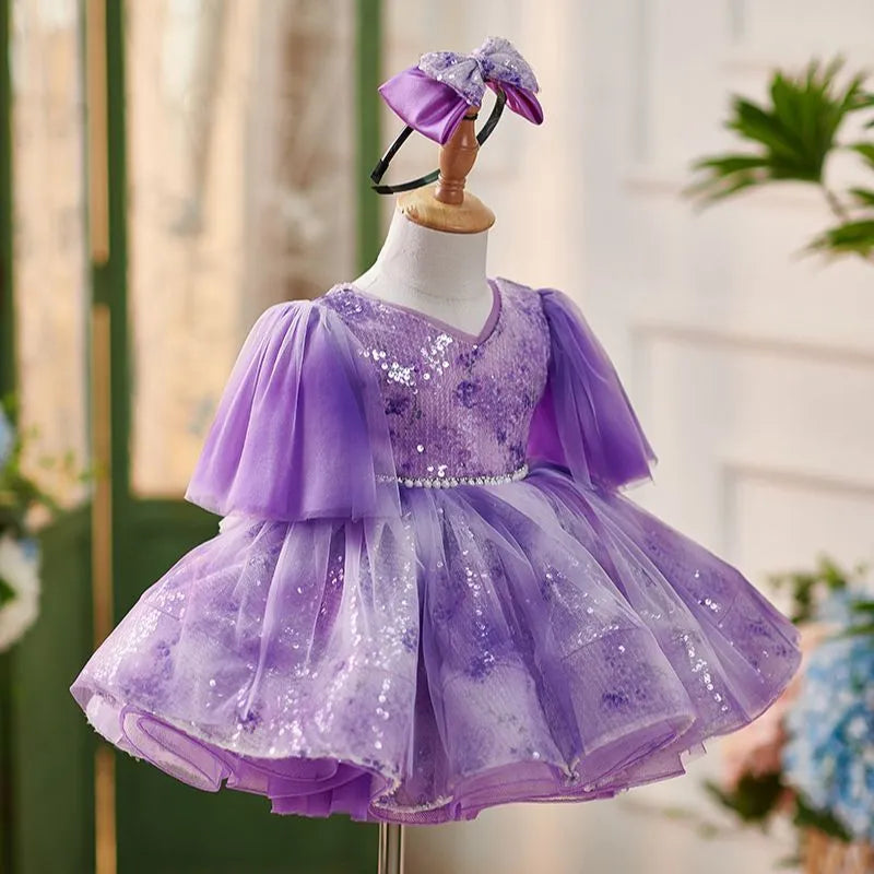 Purple tie-dyed Swiss net mesh princess pettiskirt dress for girls, sizes 80cm to 160cm, with hair accessory