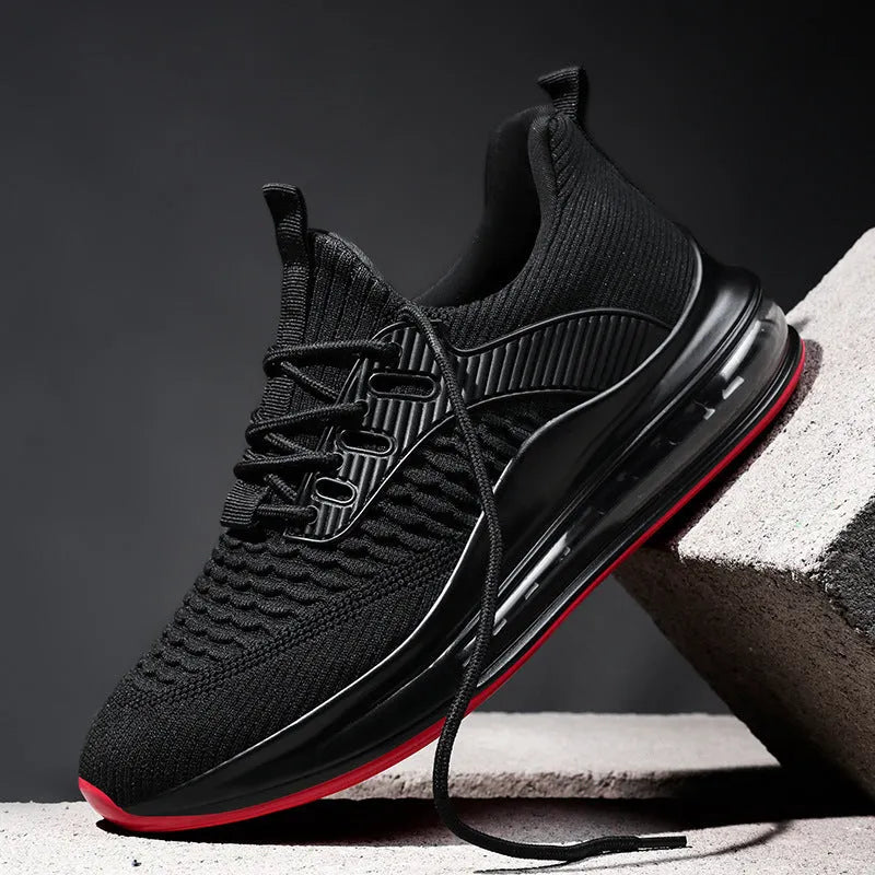 Men's black mesh running shoes with rubber sole and lace-up front