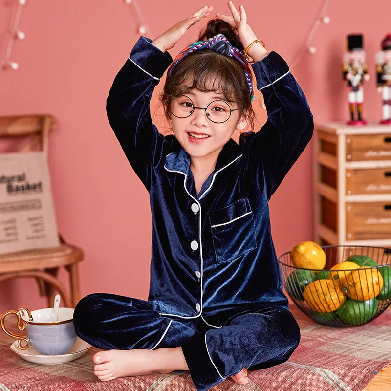 Children's gold velvet solid color pajamas set in cotton, 7 colours, sizes 6-18