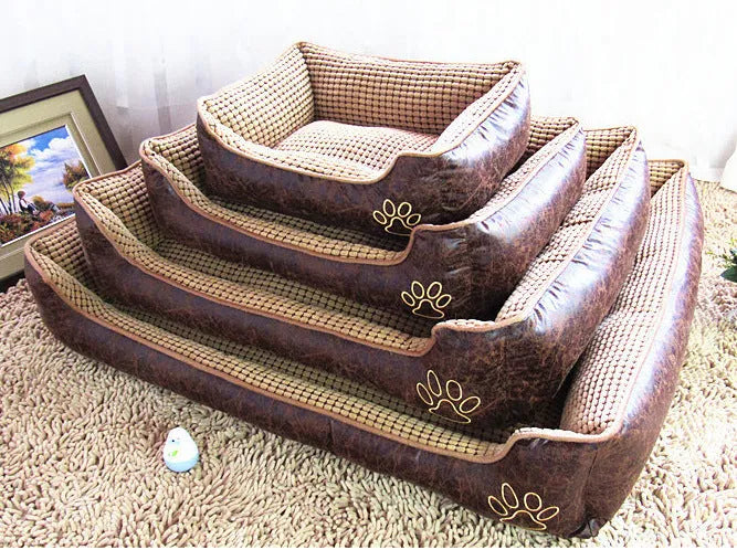 Kennel dog bed pet nest with suede fabric, blanket, bone toy, and summer mat