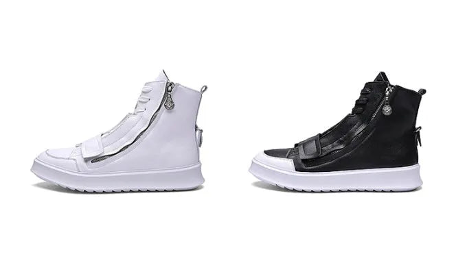Men's black PU leather winter ankle boots in a high-top sneaker style on a white background.