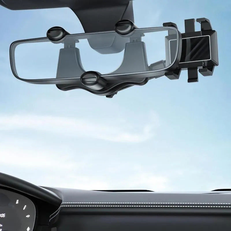 Black rearview mirror car phone holder with retractable arm and 360-degree rotating phone clip.