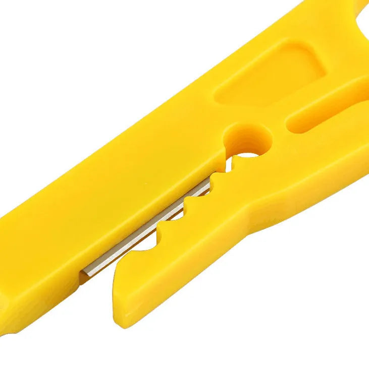 Yellow rubber-handled mini wire stripper tool with metal clamp for 0.6mm cables