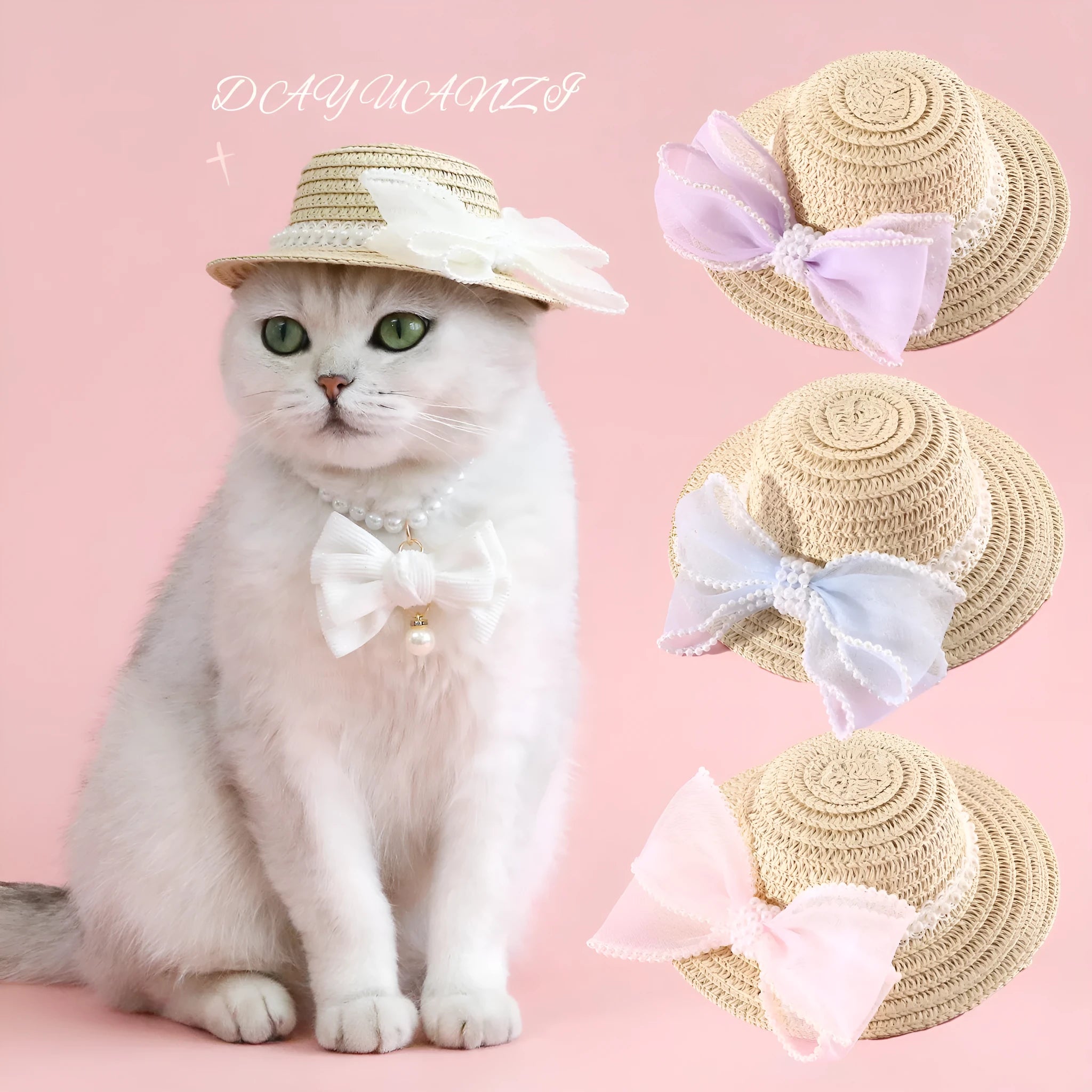 Woven Lafite leaf cat hat with pearl butterfly bow on a pink background, showing S and M size options.