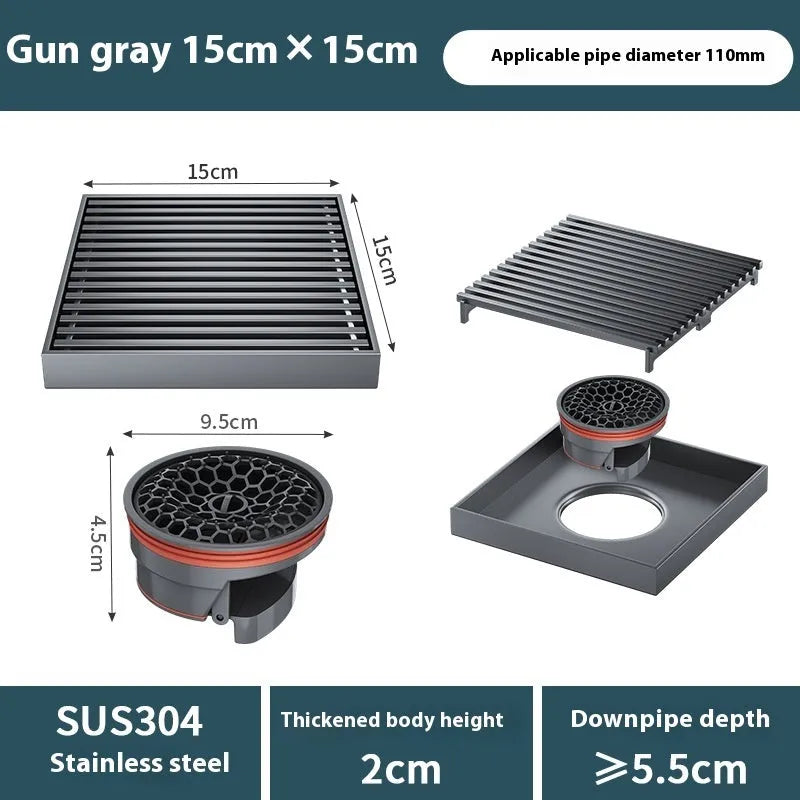 Gun grey 304 stainless steel courtyard floor drain with a square ABS plastic core.
