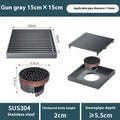 Gun grey 304 stainless steel courtyard floor drain with a square ABS plastic core.
