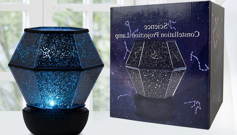 Children's rotating star LED night light projecting coloured stars onto a wall, powered by a USB cable.