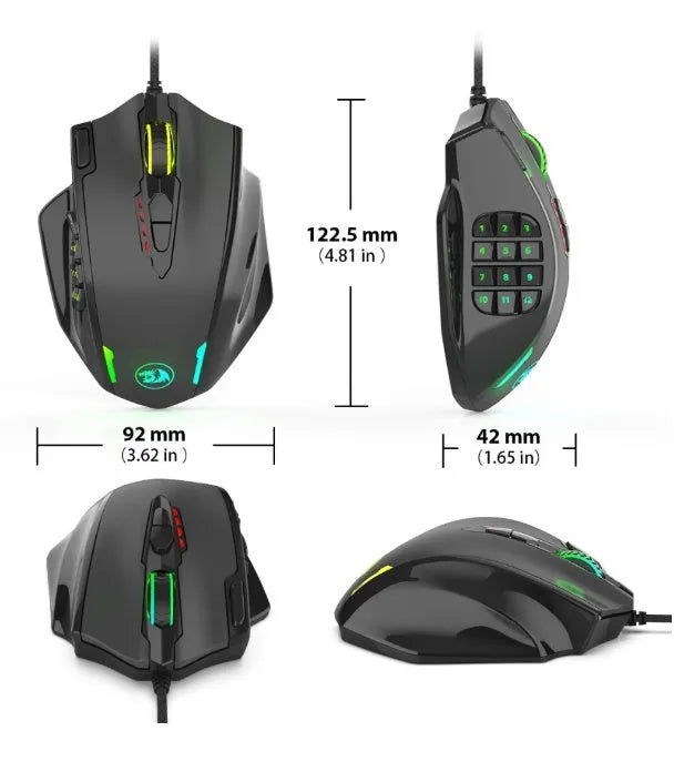 Redragon M908 black one-hander gaming mouse with ergonomic contour and adjustable weight system