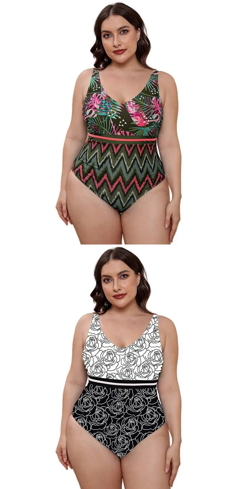 Women's one-piece striped spaghetti strap swimsuit with printed patterns in blue, white, and green options.