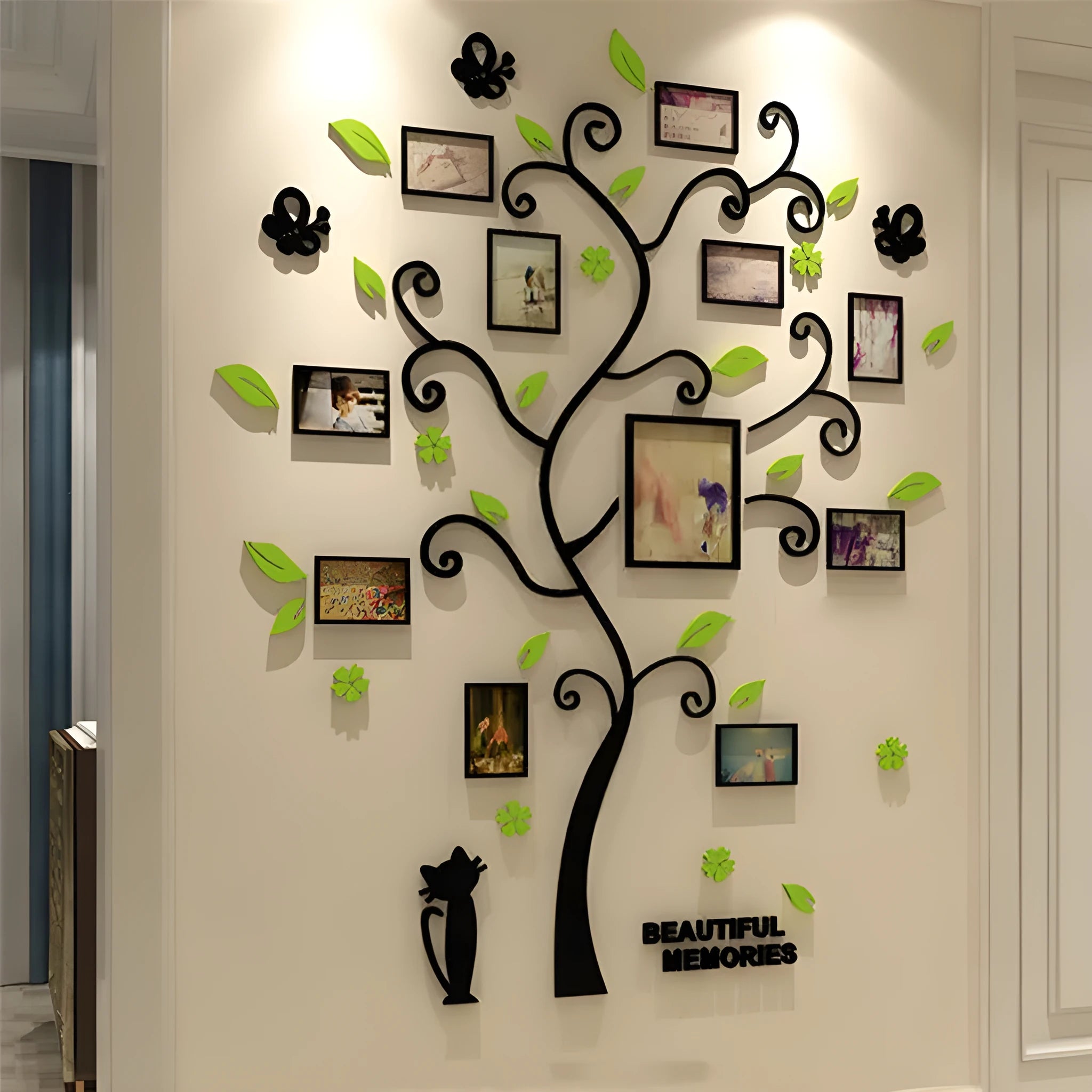 Acrylic family photo frame tree wall sticker with 11 frames, black branch design, adhesive backing