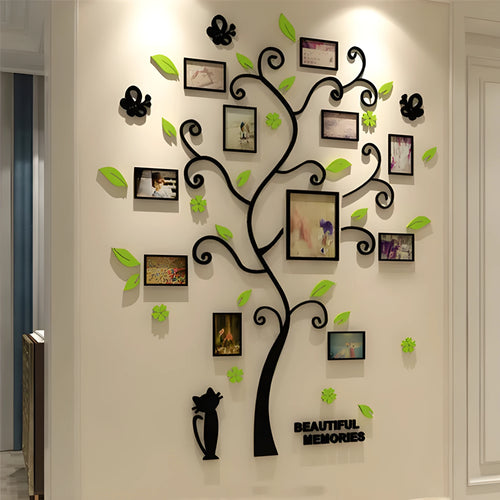 Acrylic family photo frame tree wall sticker with 11 frames, black branch design, adhesive backing