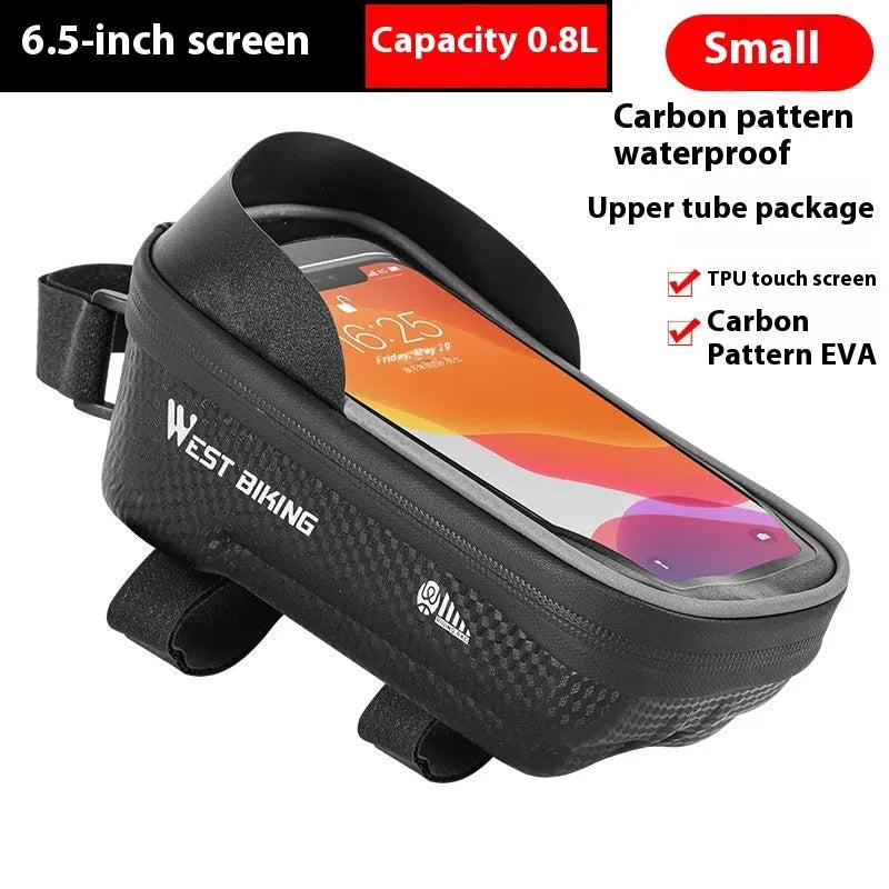 Black EVA bicycle saddle bag with touch screen upper, 1.6L capacity, for 6.5 or 7.2 inch phones